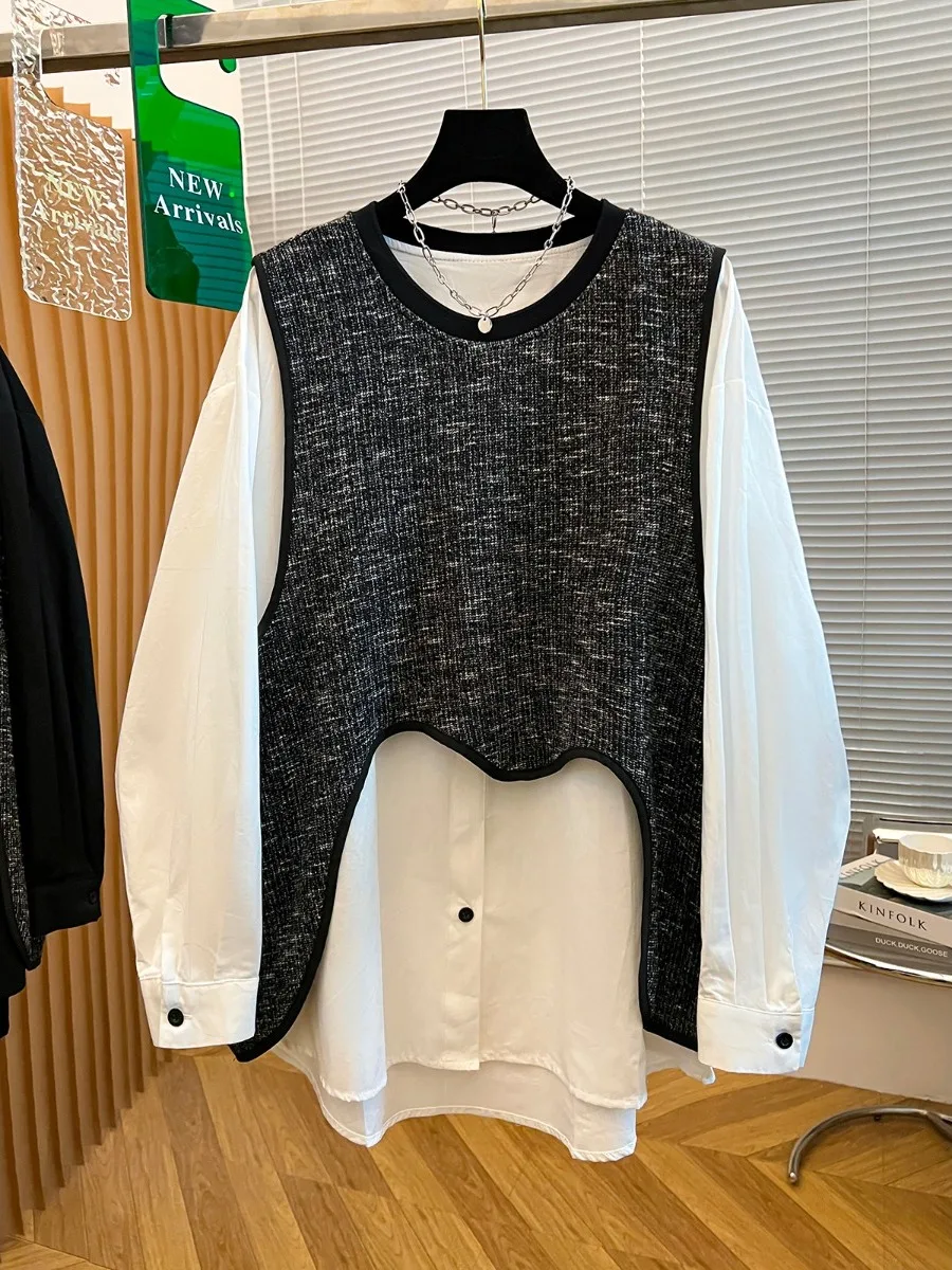 Coreano sle redondo ne moletom feminino primavera outono solto splice falso topo de duas peças confortável design de desflng de idade