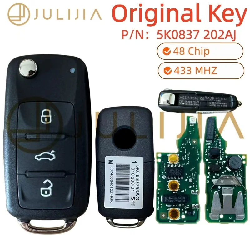 For Original VW Volkswagen Golf Polo Beetle Eos Jetta Sharan Tiguan Touran Skoda Keyless Go 202AJ 434 MHZ 48 Chip 5K0837202AJ