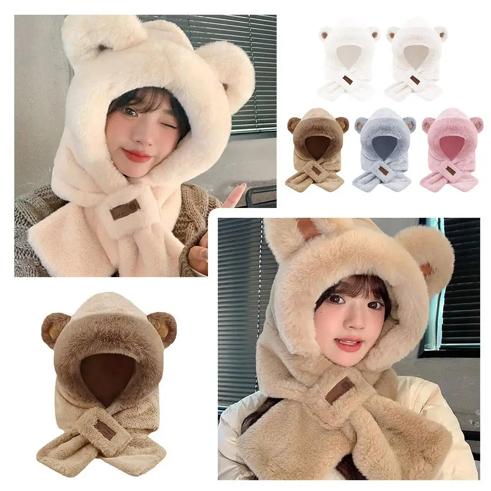 Cute Little Bear Scarf Hat Warm One Piece Hat Female Winter Student Hair Mask Hooded Hat Lamb Plush Version Korean R4Q1