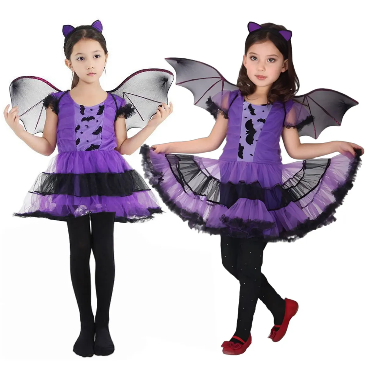 

2025 Girls Cosplay Horror Purple Witch Bat Print Dress Halloween Festival Party Night Scary Horror Girl Princess Dress Set