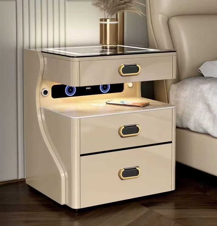 

Smart Wooden Bedside Table with Fingerprint Lock and Wireless Charging Modern Design 3 Drawers Bedroom Furniture