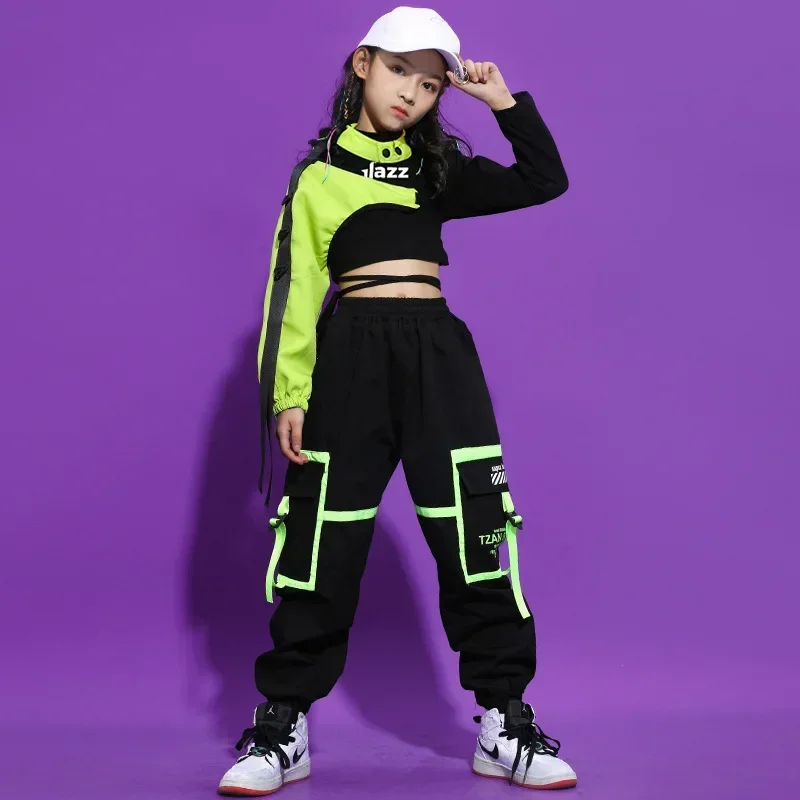 女の子ヒップホップスーツジャズダンス衣装子供キャットウォークパフォーマンス着用長袖クロップトップカーゴパンツセットレイブ衣装