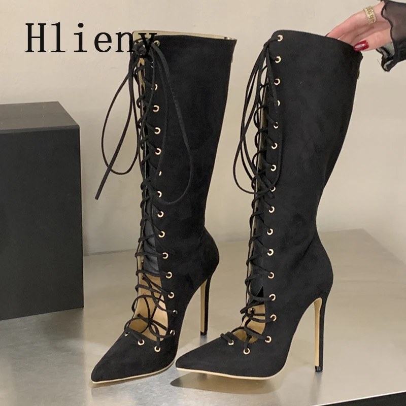 

Дизайнерские женские ботинки Hlieny с острым носком, ажурные, дышащие, с перекрестными ремешками, на шнуровке, модные сандалии на тонком каблуке с молнией