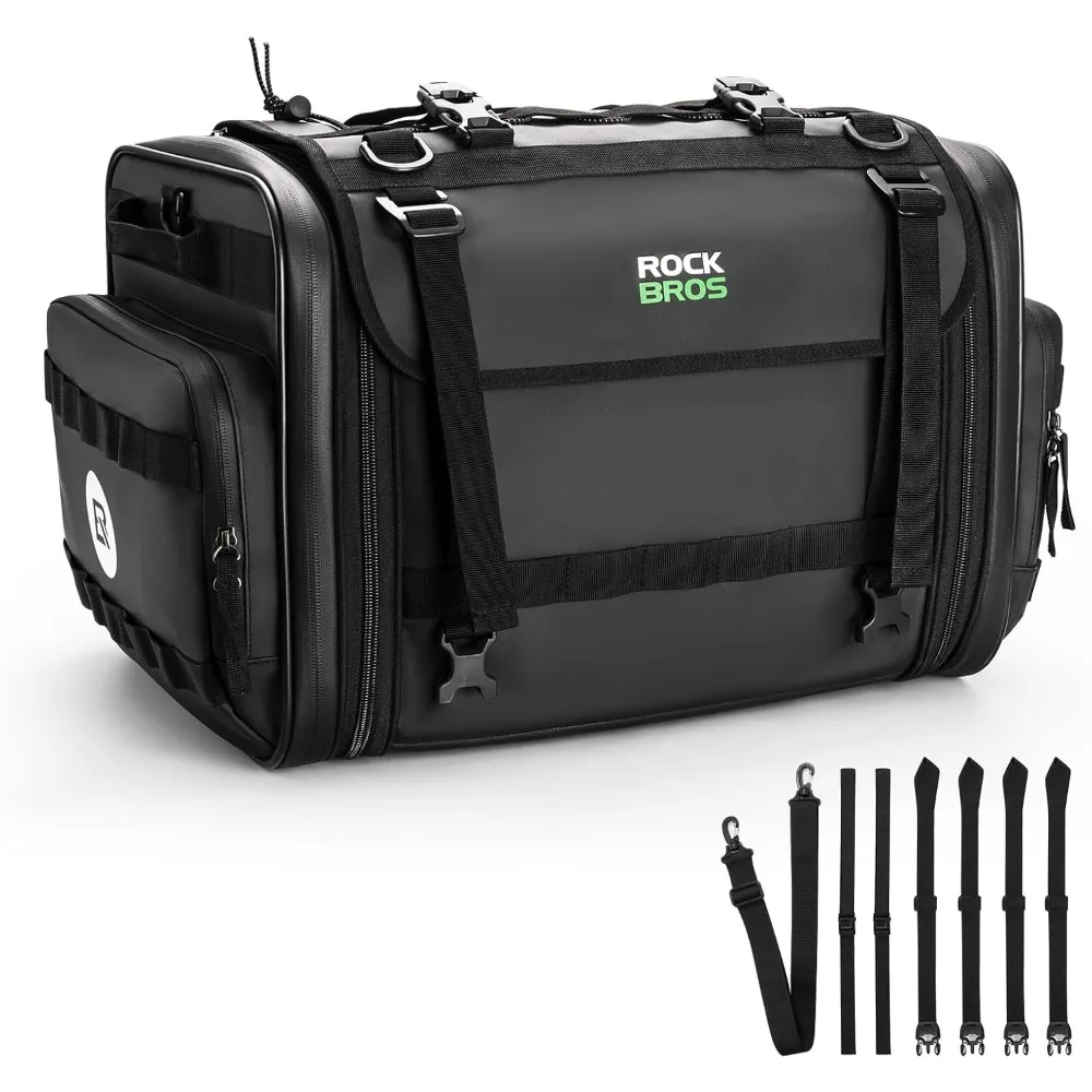 

motorcycle tail bag 50l expandable travel luggage, rear seat saddle storage with waterproof rain cover - black