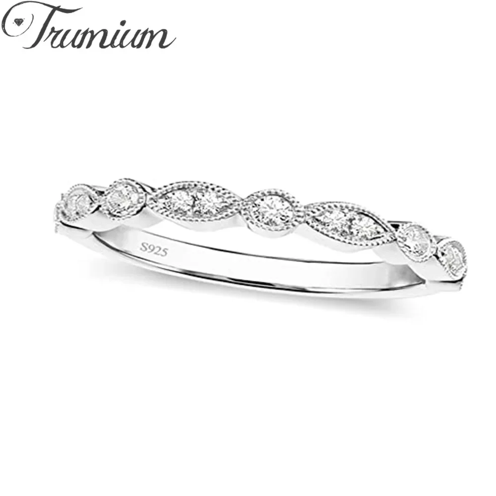 

Trumium 925 Sterling Silver Wedding Band for Women Cubic Zirconia Marquise & Round Milgrain Half Eternity Stackable Ring