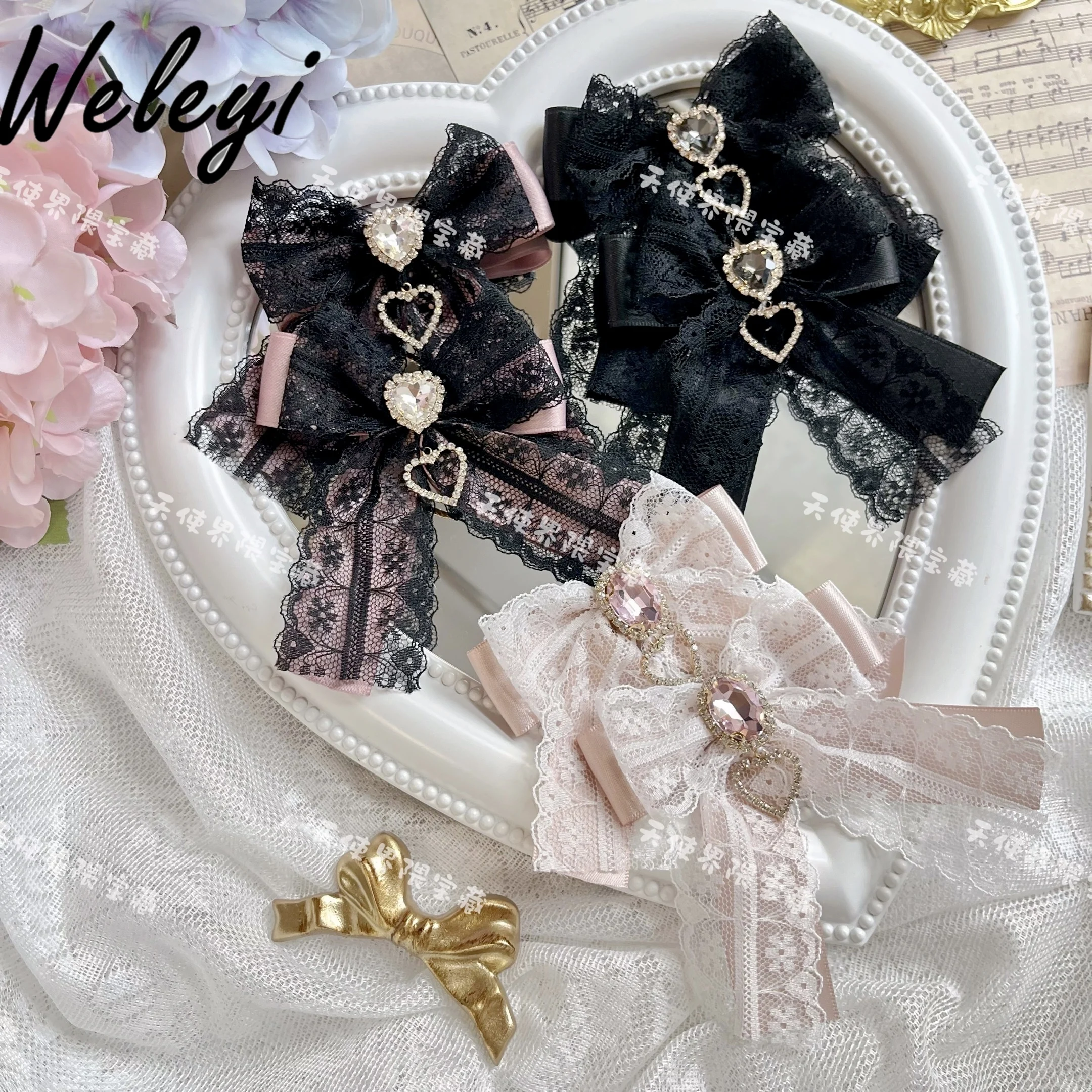 

Mass-produced Sweet Pair Clips for Women Handmade Mine Series Kawaii Love Lace Hairpin Pearl Rhinestone Pendant Bow Edge Clip