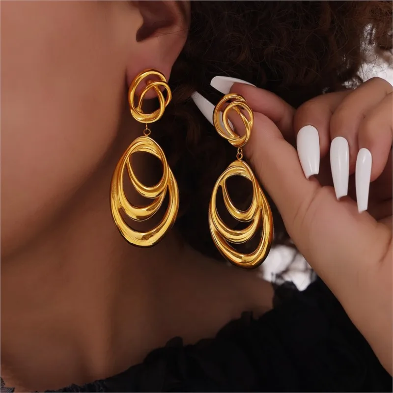 Stainless Steel Hanging Earrings For Women Gold Plated Non-Fading Women\'s Big Large Dangle Earring Girls Silver Color Ear Rings