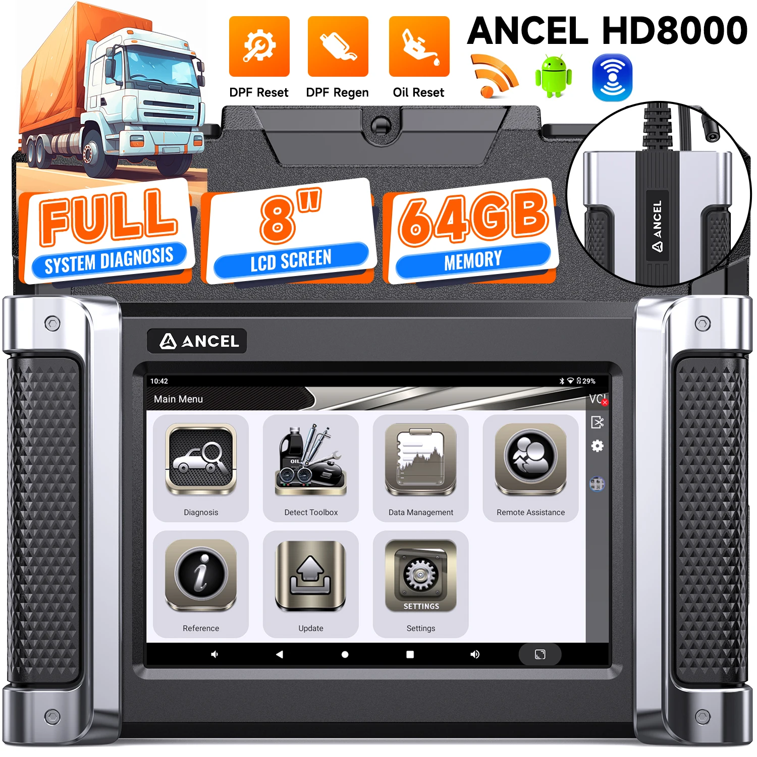 

ANCEL HD8000 Сверхмощный сканер грузовиков DPF Forced Regen Free Пожизненные обновления Все системы сканер дизельных грузовиков Диагностический инструмент