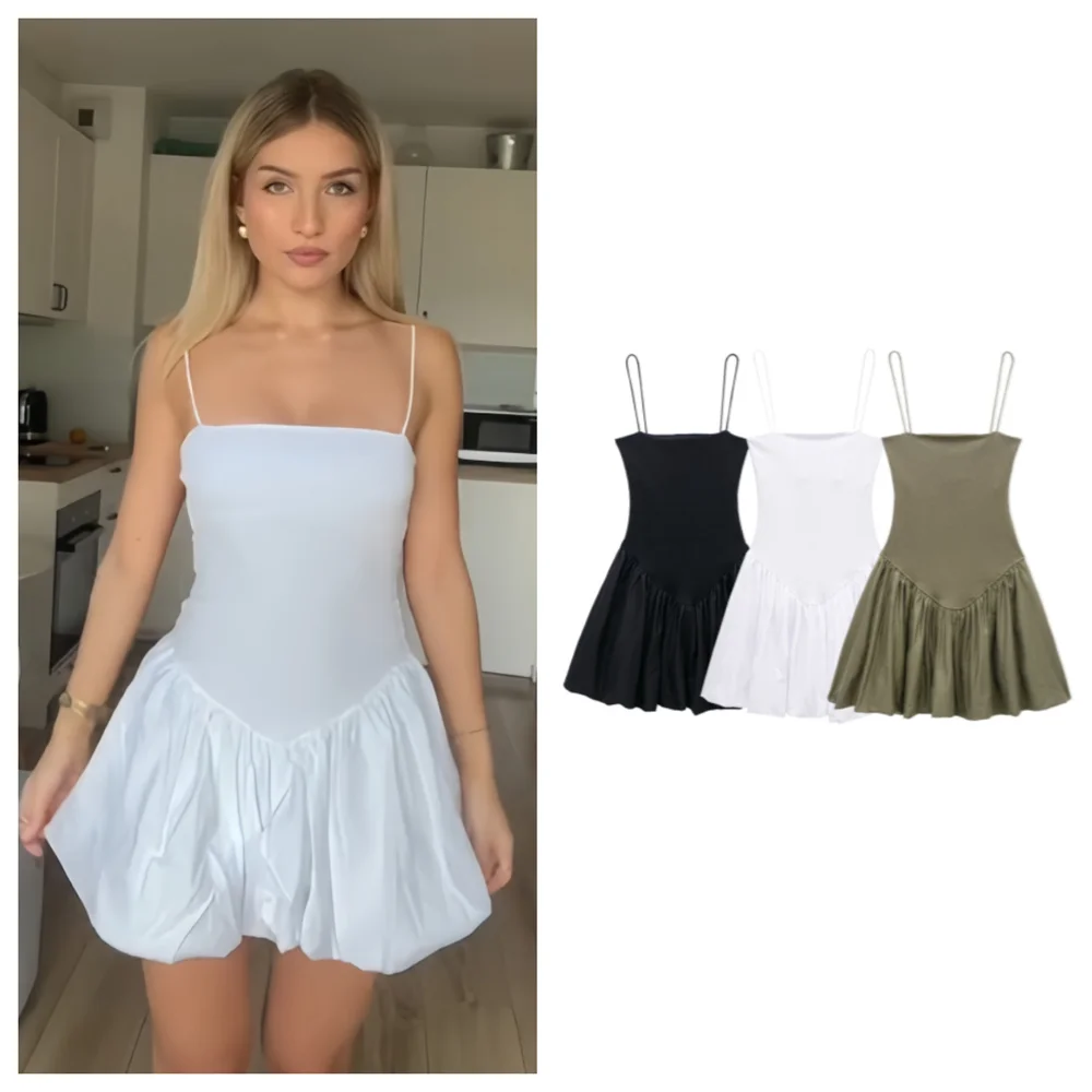 PB & ZA 여성 용수철 슬림핏, 다용도 푹신한 포플린 골지 접합 걸이식 스트랩, 스타일리시 스타일, 신상 원피스, 2024