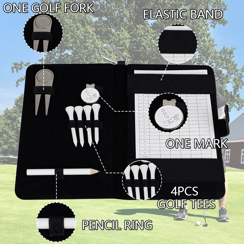 CRESTGOLF Golf Score Card Holder PU Cover with Pencil & Divot Tool & Golf Tees & Hat Clip