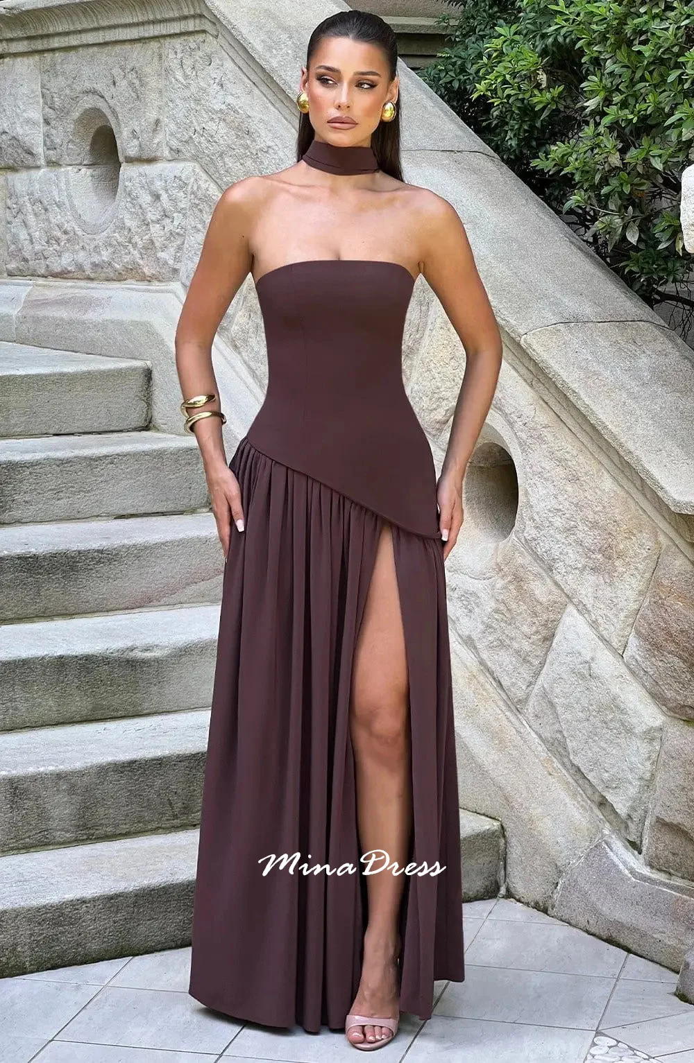 Mina Customized Strap Breast High Slit Evening Dresses for Special Occasions Sleeveless and Backless Strapless Shiny Dress Prom