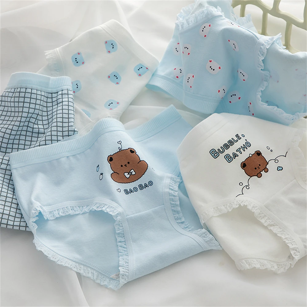 Japanese simple cloud water blue coffee bear cute cotton crotch waist hip student girl briefs T8039