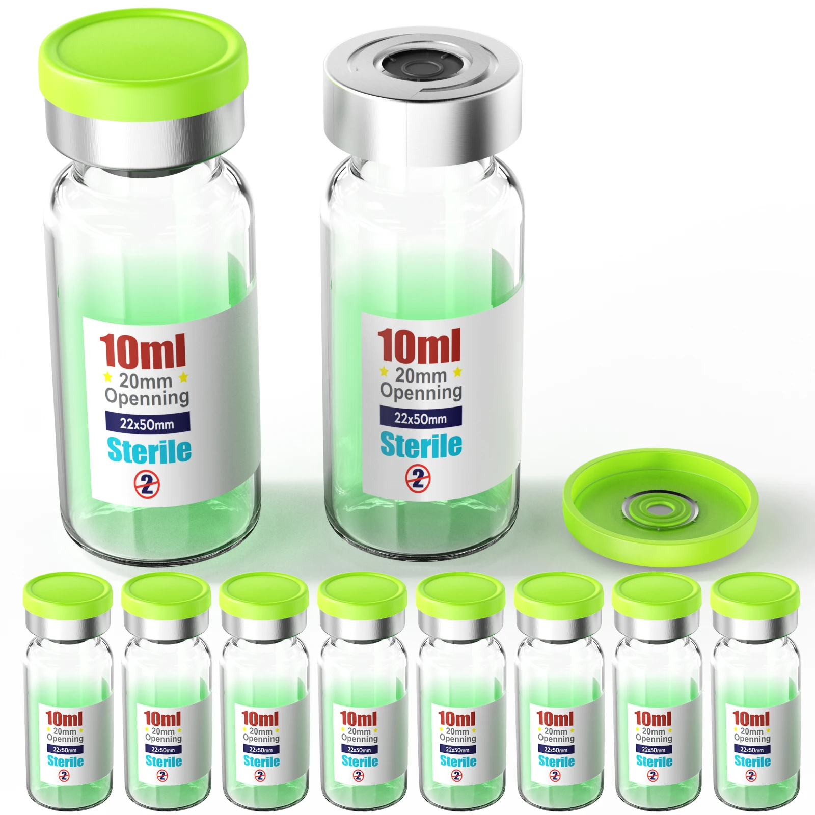 Sterile Empty Vial Sealing with 20mm Self Healing Injection Port and Burr-Free Tear off Plastics Aluminum Cap, Glass lab bottle