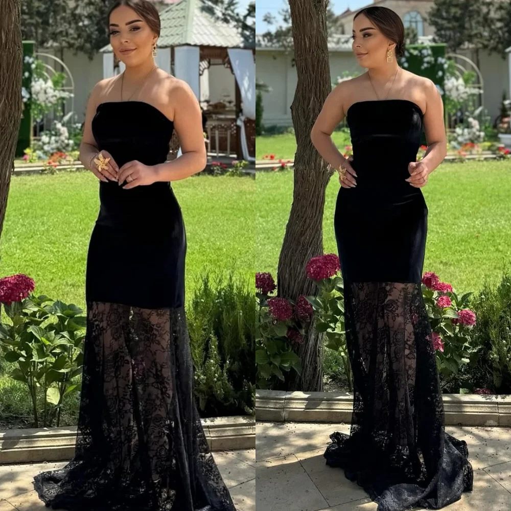 

Customized Strapless Sleeveless Evening Dress Straight Floor Length Black Cocktail Dress Lace Organza Fashion Modern Prom Dress