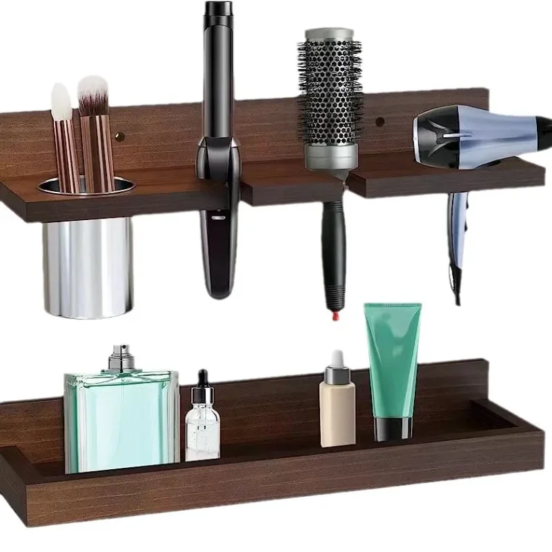 

Solid wood wall-mounted rack, bathroom hair dryer, curling iron, storage rack