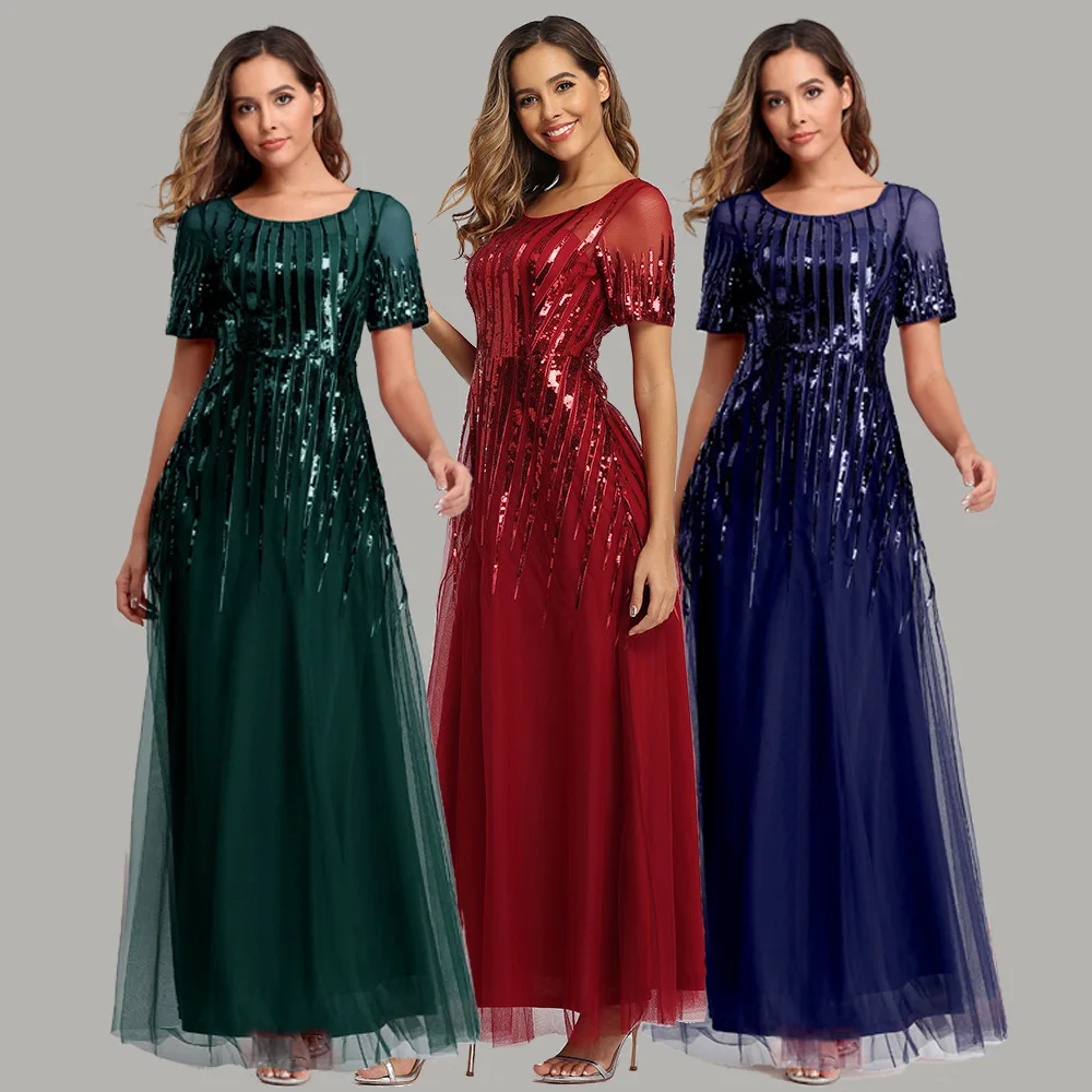 

Hot autumn and winter new sequined mesh high waist fashion evening dress women's party sexy temperament elegant high-end clothin