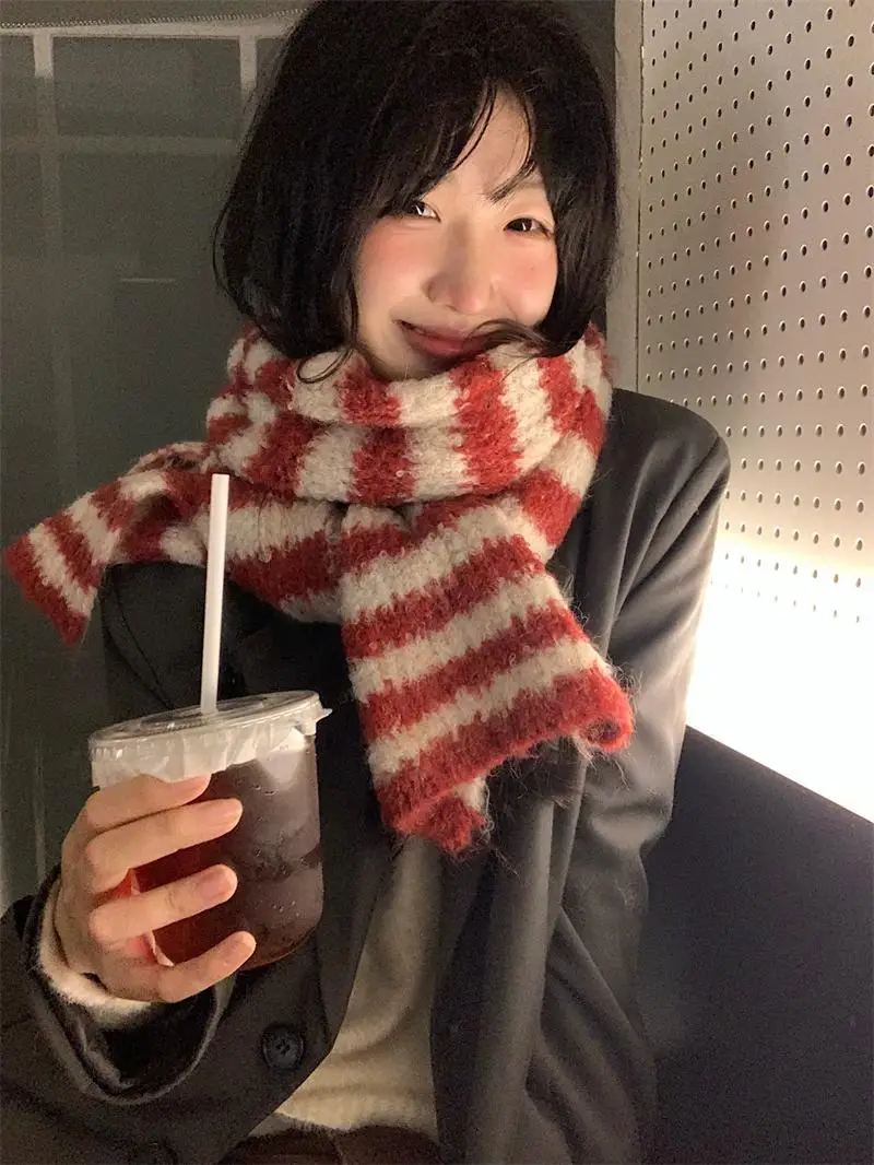 Korean Sle Striped Knitted Scarf Women Winter 2024 New All-Match High-Grade Wool Warm Christmas and New Year Gift