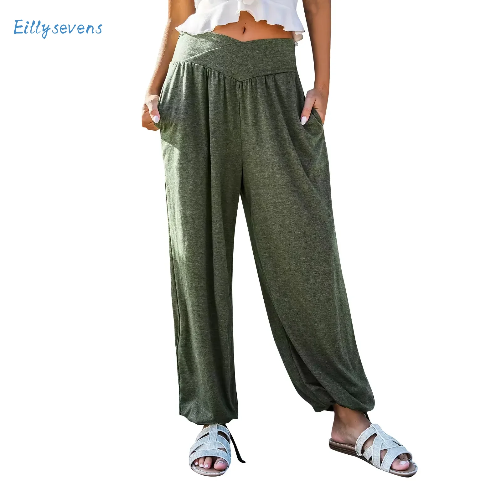 

Women'S Cross High Waist Pants Solid Color Casual Comfy Soft Fabric Trousers Summer Loose Lightweight Cool Pants With Pockets