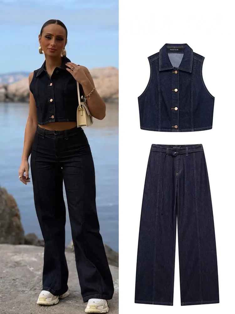 HH Women Fashion Pants Suit Lapel Single Breasted Sleeveless Vest Top+High Waist Zipper Belt Decorate Casual Wide Leg Pants