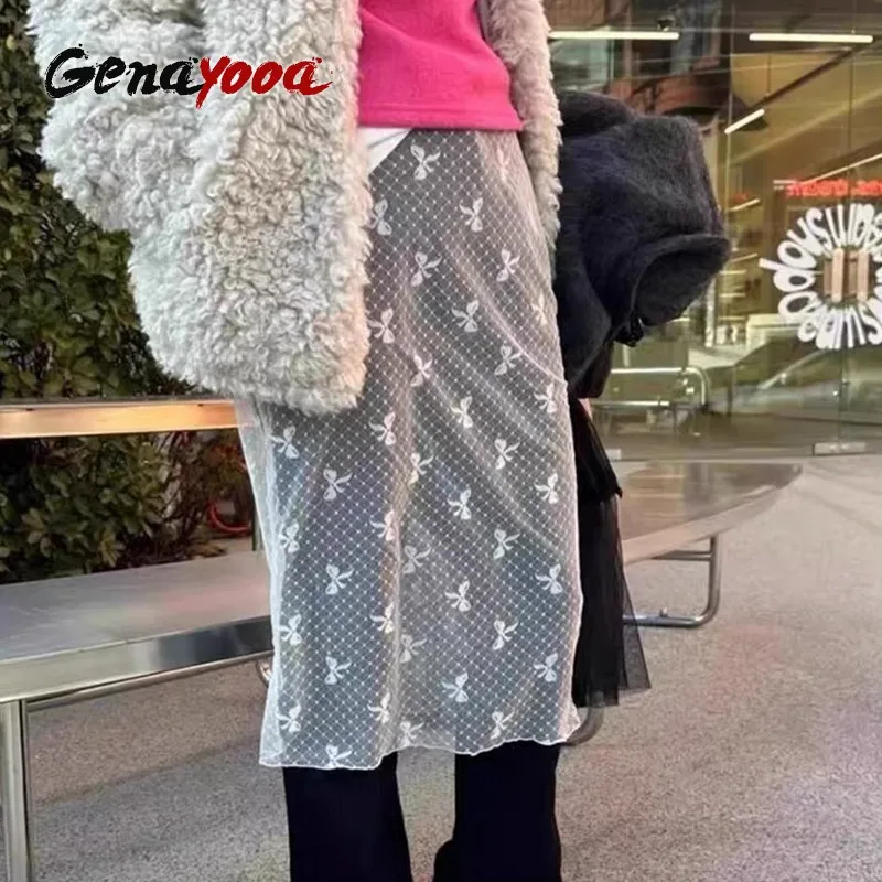 

Genayooa Y2k Vintage T Shirt Women See Through Skirt Women Lace Up Thin Lace Collocation Korean Fashion Floral Ladies Skirts