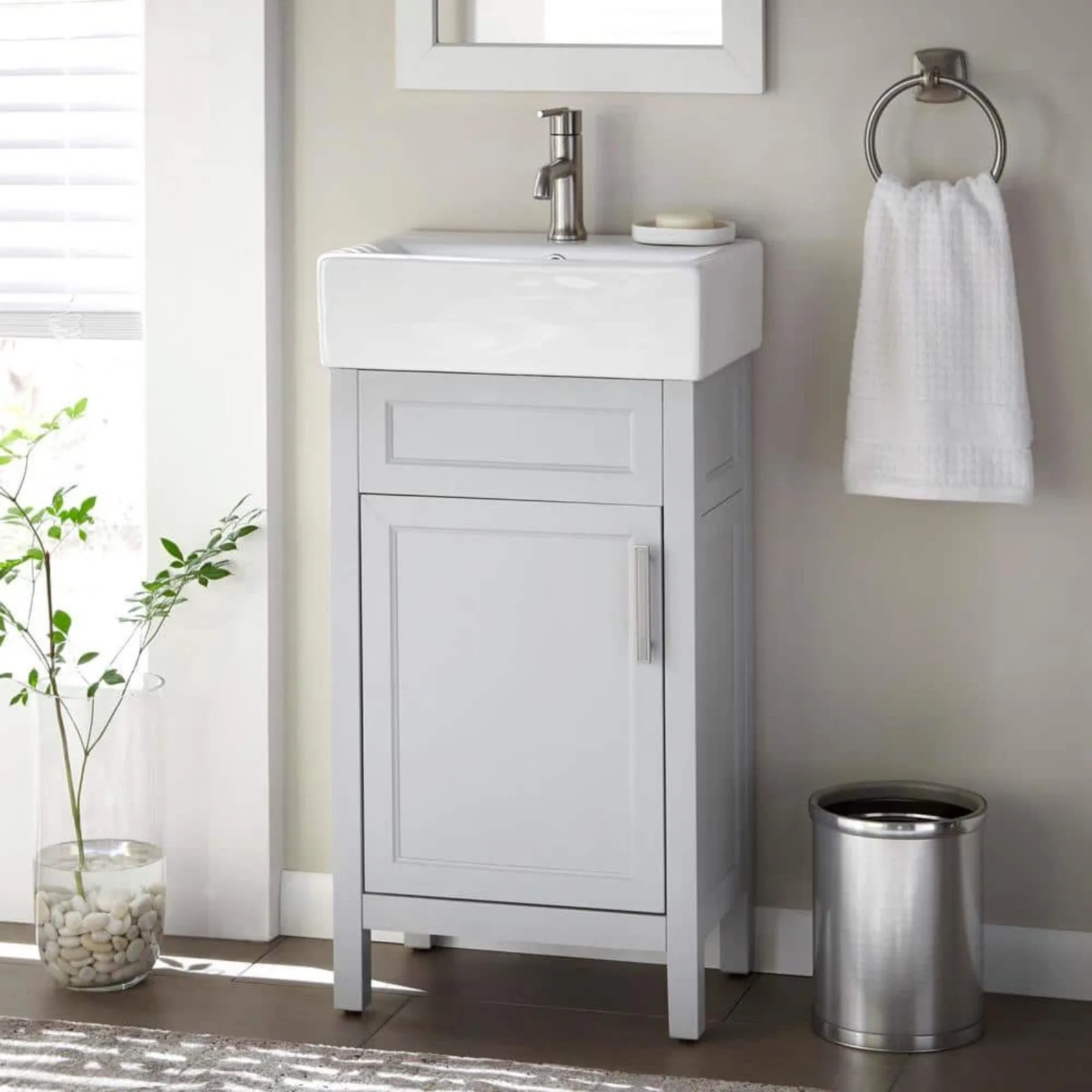 

US 18 in. W x 12 in. D x 34 in. H Single Sink Bath Vanity in Dove Gray with White Ceramic Top