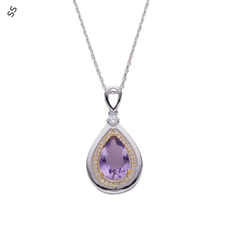 

S925 Sterling Silver Inlaid with Natural Amethyst Water Drop Pendant Necklace for Women Elegant Luxury Popular Design Accessory