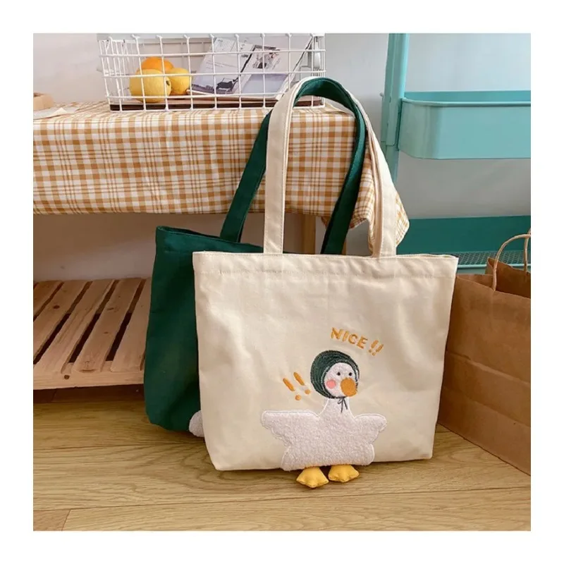 Women Tote Canvas New Fashion Large Capacity Cartoon Cute Duck Embroidery Student Shoulder Bag