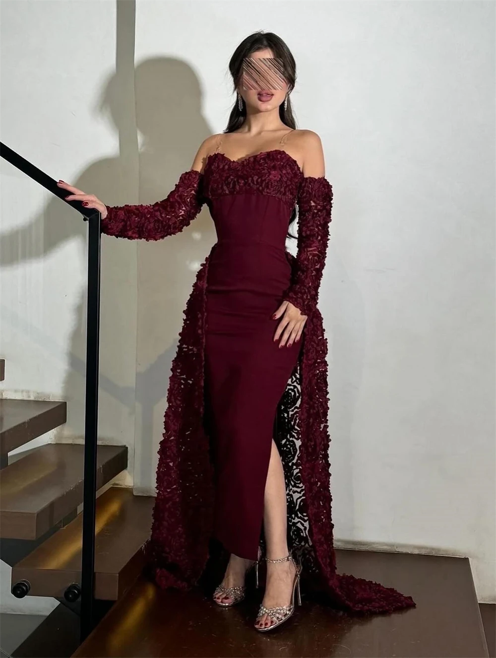 

Customized Simple Burgundy Jersey Evening Dress Sexy Sweetheart Long Sleeves Party Dress Soft Mermaid Court Train Prom Dresses