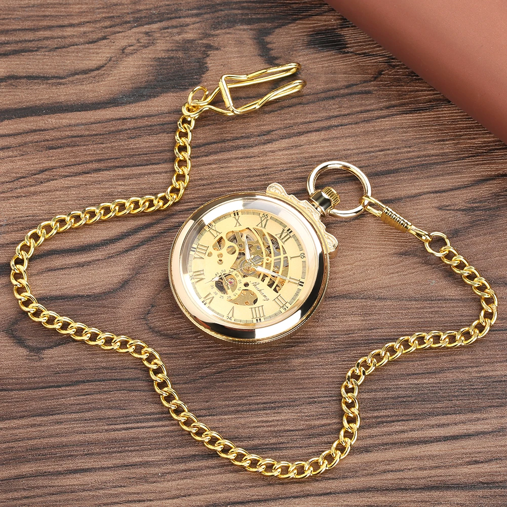 Reloj de bolsillo de cuerda manual mecánica de oro de lujo para hombres, esfera de números romanos, reloj de bolsillo colgante exquisito con cadena de bolsillo