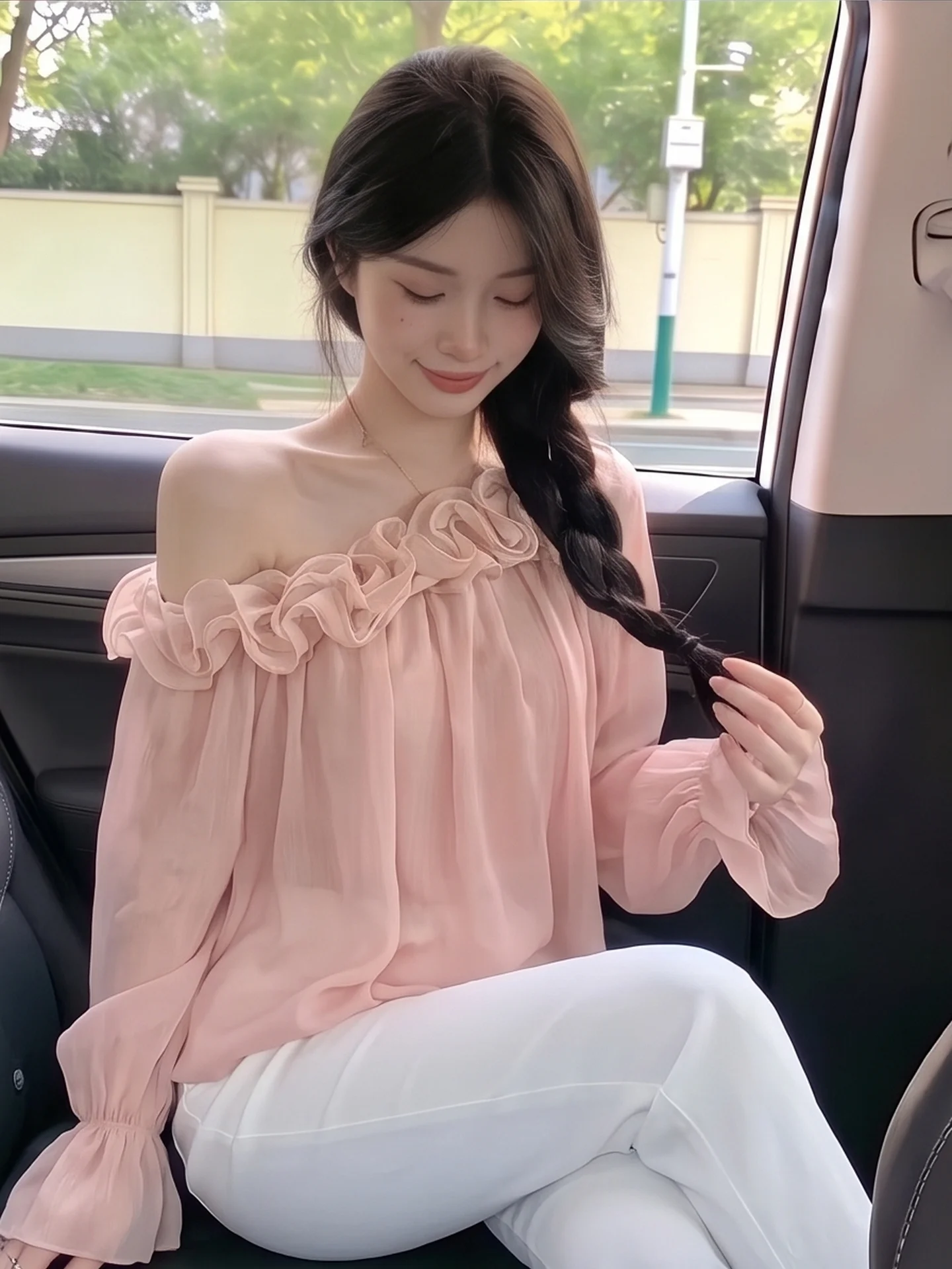 Romantic Gentle 3D Flower One Shoulder Long Sleeve Women's Shirt Autumn New Sweet Girl Chiffon Top Soft Breathable Regular Fit