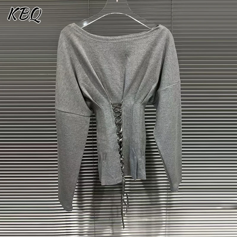 

KBQ Solid Spliced Lace Up Tunic T Shirts for Women Diagonal Collar Long Sleeve Spliced Folds Design Sense Tops Female Autumn New