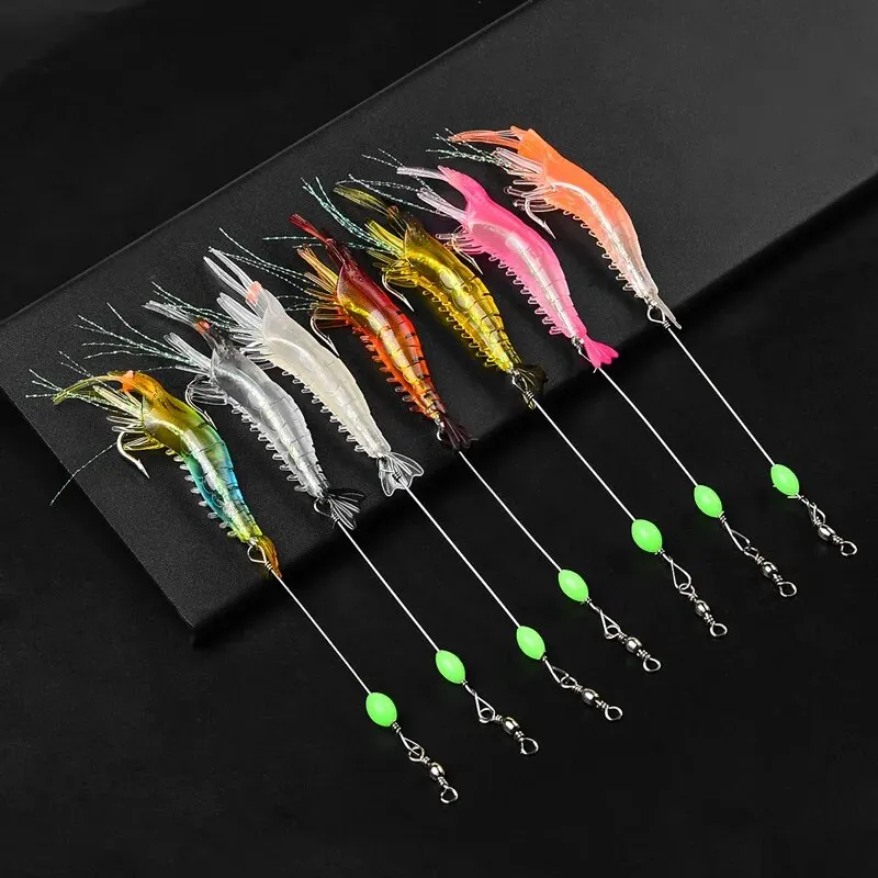 7PCS/Lot Shrimp Soft Fishing Lure 9cm/6g Artificial Bait With Luminous Bead Swivels Hook Lifelike Shrimp Lure Carp Fishing Bait