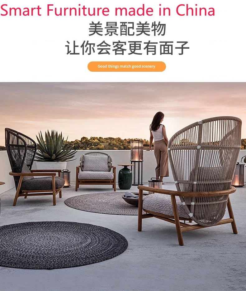 Outdoor balcony teak leisure rattan sofa designer model house high back rattan chair customize table courtyard villa combination