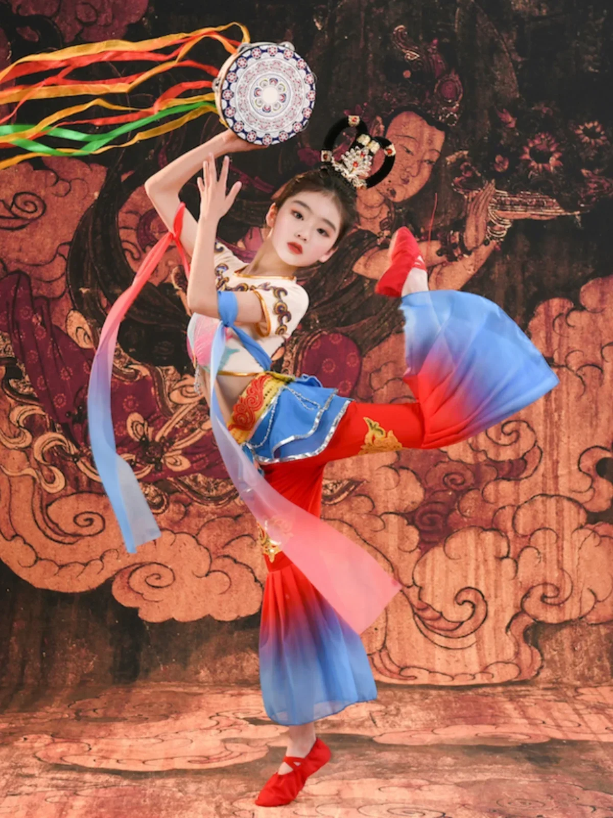 

Костюм Feitian Drum для девочек, танцевальный костюм Dunhuang для детей, классический танец Miaoyin, отскок Pipa PropRingdrum