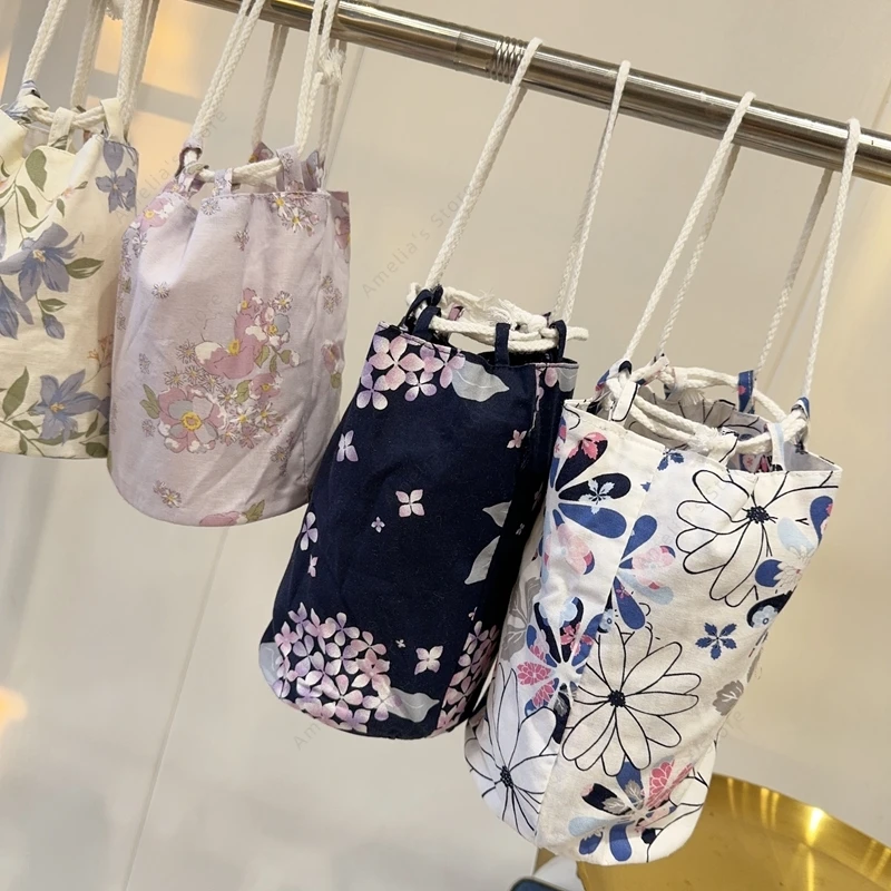 حقيبة كيمونو نسائية برباط على الطراز الياباني مع قاع مسطح من إكسسوارات يوكاتا حقيبة يد صغيرة دلو