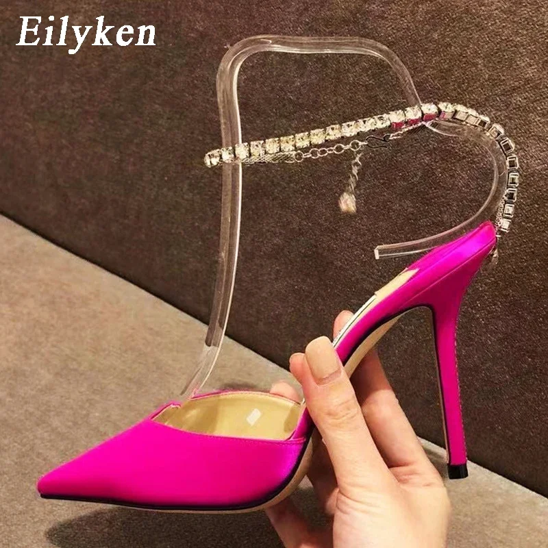 Eilyken Satin Buckle Strap Rhinestone Slingback Women Pumps Pointed Toe Female Thin High Heel Party Shoes Zapatos Mujer