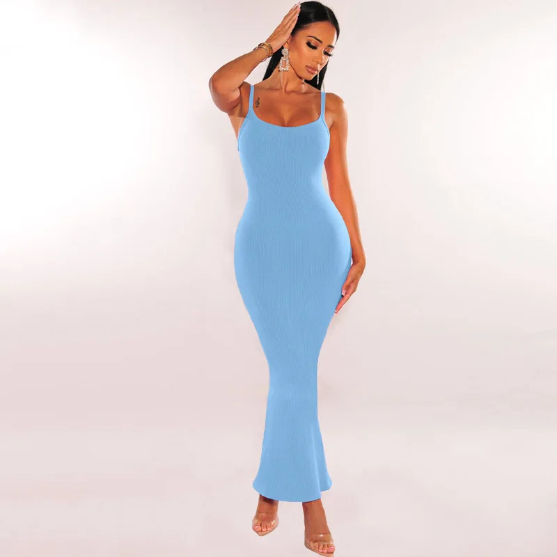 modern rib knit sleeveless plain halter simple bodycon casual long dresses for women