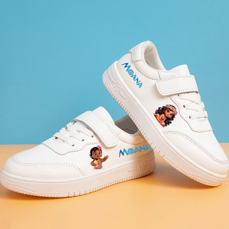 

Disney Moana Sneakers Girls Cartoon Anime Figure Sports Shoes Trendy Casual Board Shoes Leather Soft Soled White Shoes Footwear