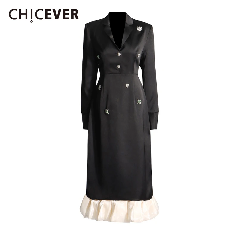 CHICEVER Black Spliced Folds Chic Dress Female Lapel Long Sleeve Loose Elegant Intellectual Women's Dresses Autumn Fashion New