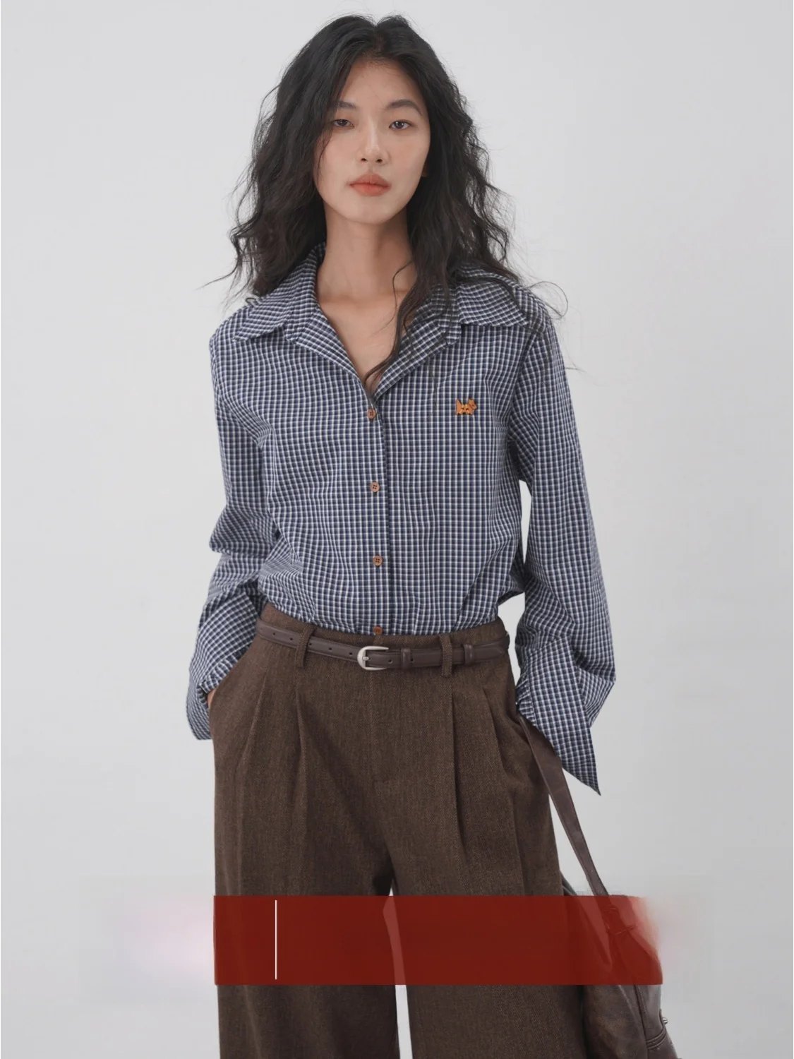 

Женская повседневная свободная блузка EIGHTHMONTH с длинным рукавом, в клетку, с отложным воротником, сине-белая, с узором, новинка ранней осени