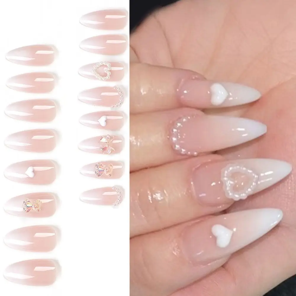 Manicura uñas postizas largas de almendra perla amor corazón prensa en uñas arco puntas de uñas desmontables mujeres