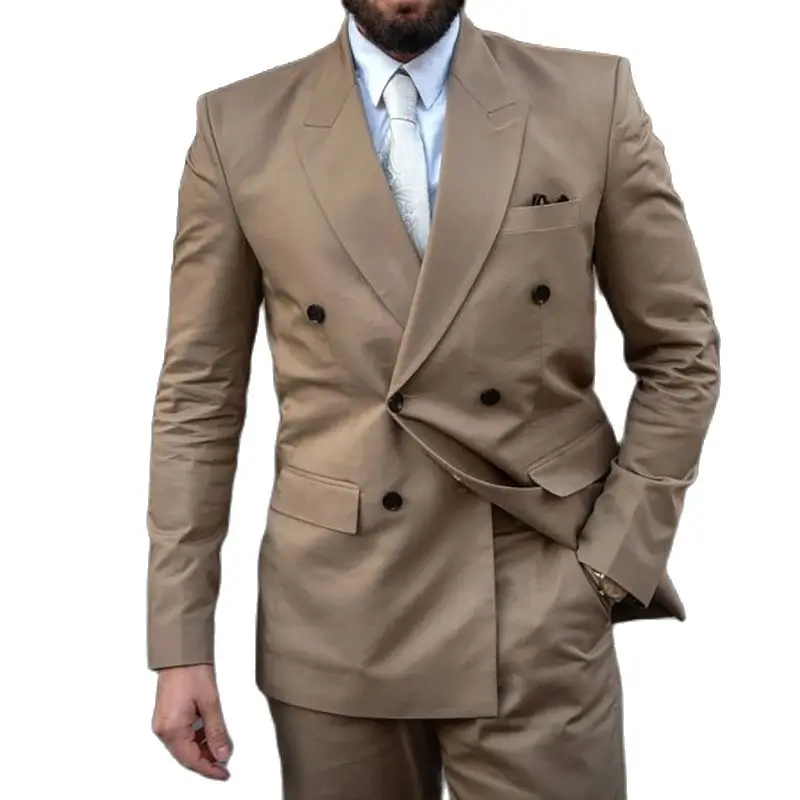 Khaki Double Breasted Men's Suits Formal Smart Casual 2 Piece Jacket Pants Outfits High Quality Prom Party Costume Homme Outfits