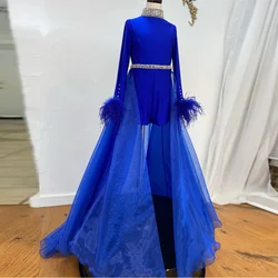 Pelele corto con adorno de plumas para niñas, vestidos de flores, cuello de cristal, manga larga, vestido de desfile de Organza, ropa de fiesta de cumpleaños para niños