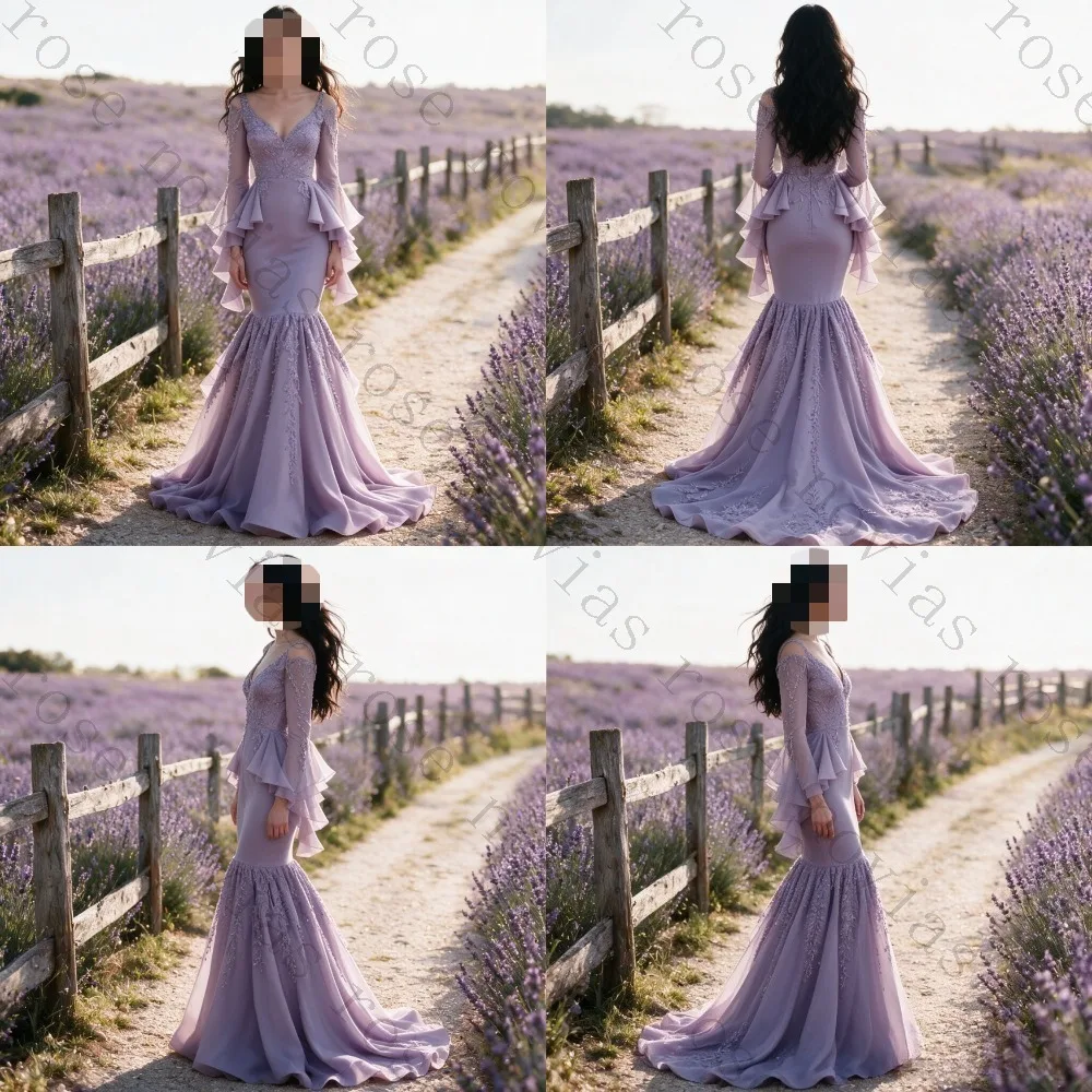 Customized Lavender Mermaid Graduation Dress 2026 V-neck Lace Stickers with Ruffled Bell Shaped Sleeves and Floor Length Skirt