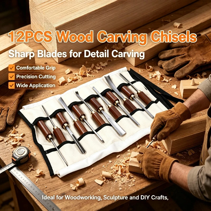 12Pcs Wood Carving Chisel Set with Solid Wooden Handles Manual Carpenter Chisels Sculpting Gouges for Woodworking Engraving Tool