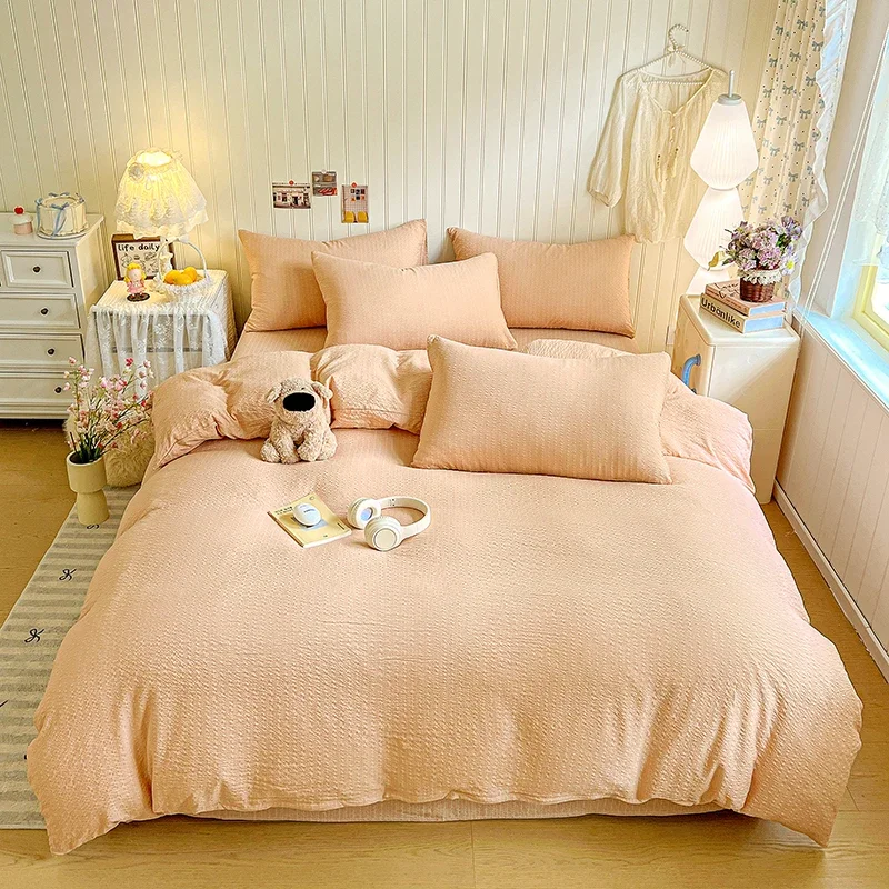 Candy Color Seersucker Quilt Cover Set or Single Duvet Covers Ultra Soft Skin-Friendly Bedding Set Comfortable Solid Duvet Cover