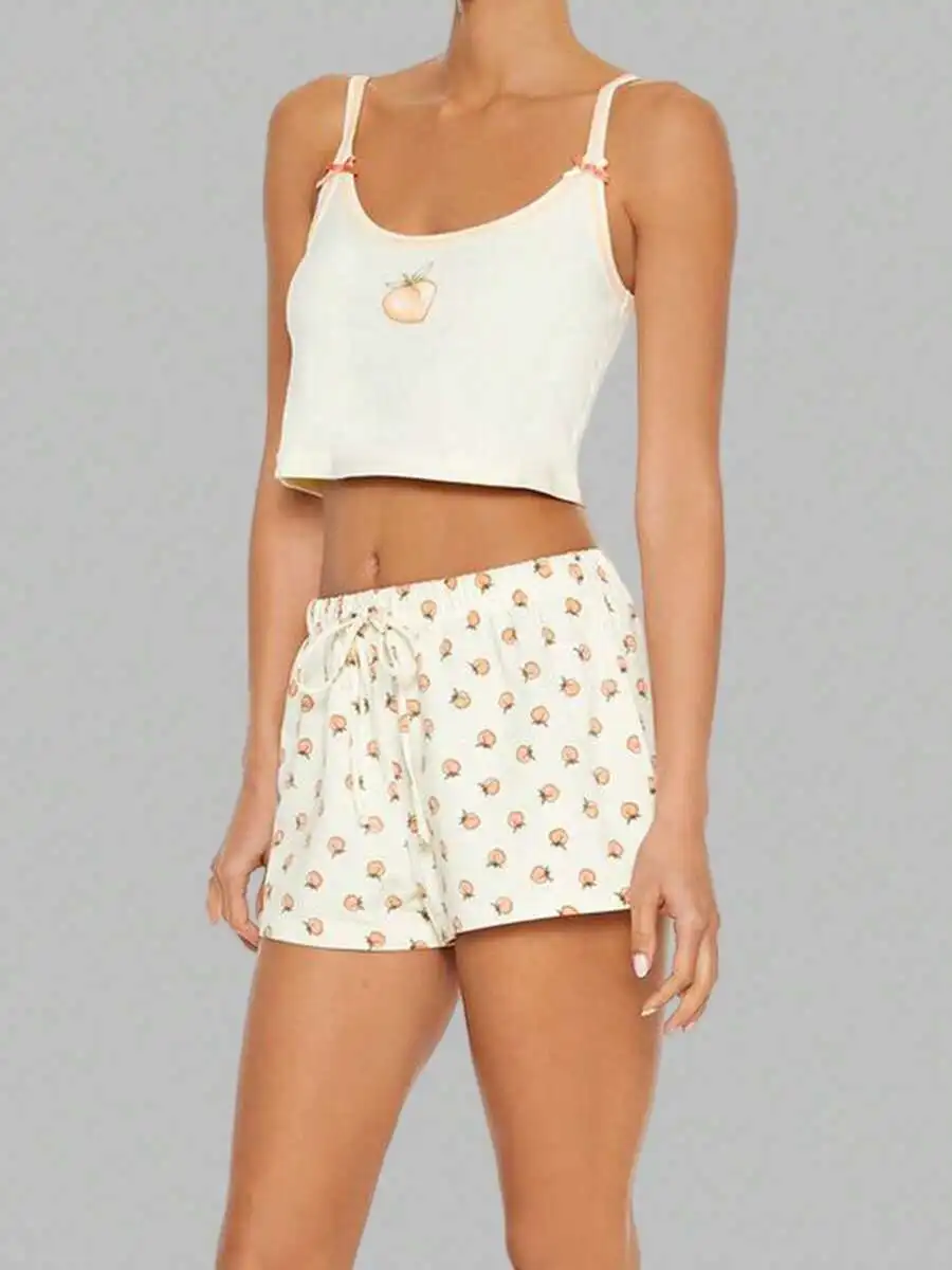 Womens 2 Piece Lounge Set Peach Print Crop Cami Top And Drawstring Shorts