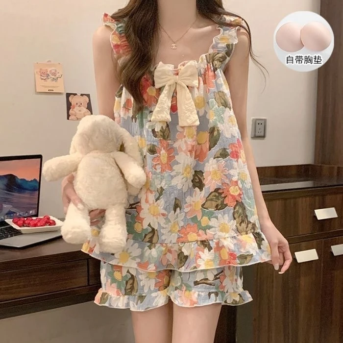 Neue Damen Sommer-Loungewear Gepolstertes Camisole-Nachthemd Mädchen Dame Schleife Homewear Weiche Spitzen-Pyjamas Schlafhose Damen Locker Sitzend Teenager