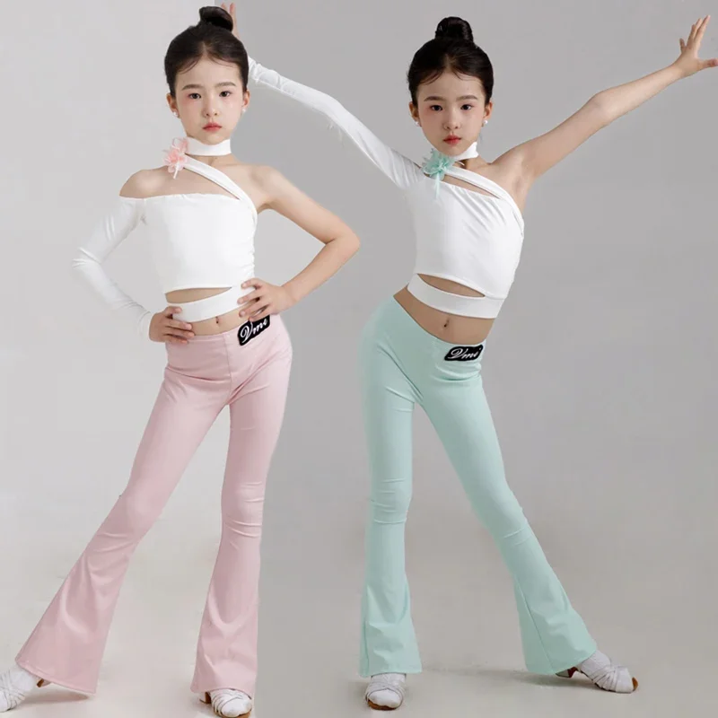 

Latin Dance Pants Set White Single Sleeve Dance Top Girls Latin Training Clothes Children Standard Tango Practice Wear