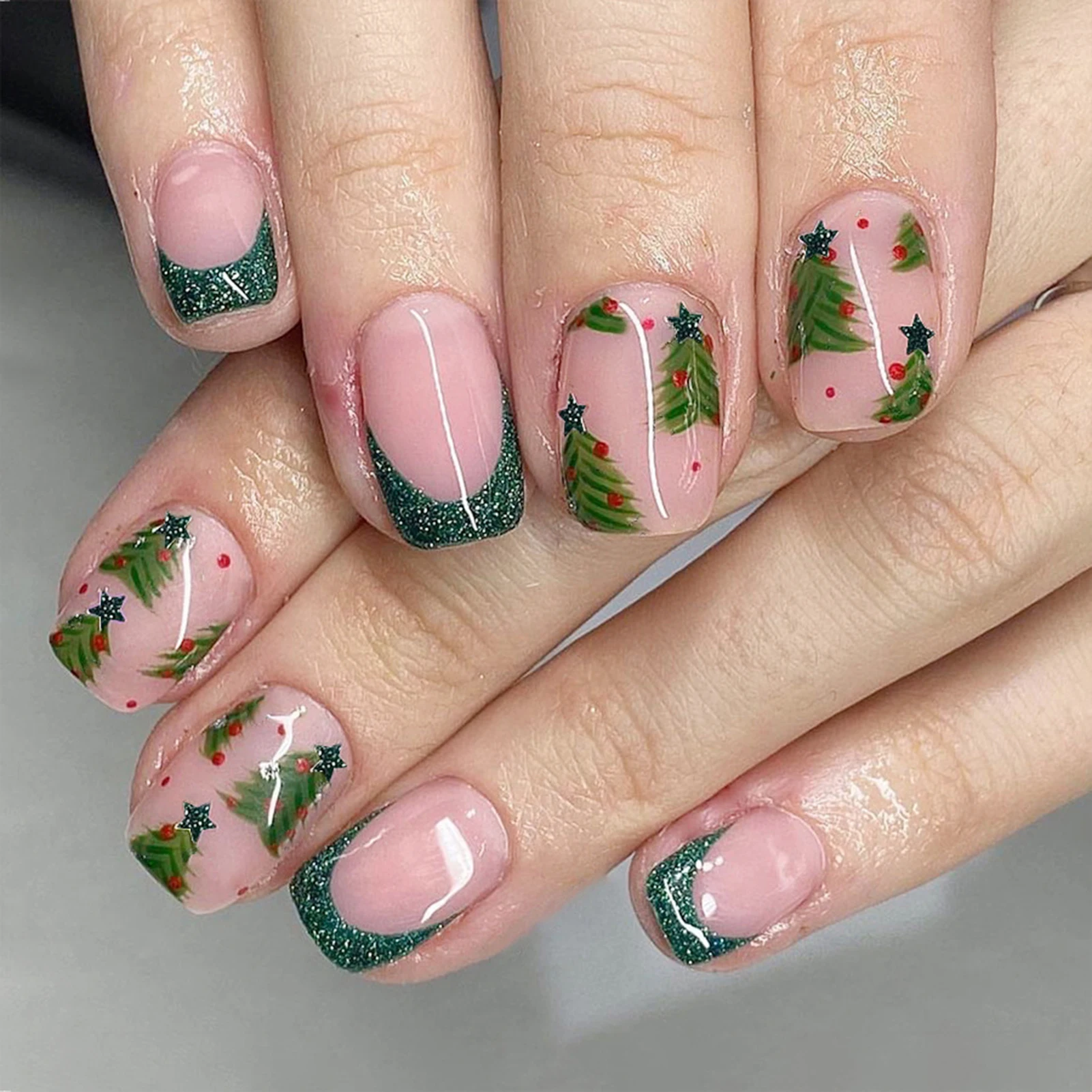 Pressione Unhas postiças com desenhos de Natal Árvore Padrão, Wearable Unhas Francesas, Glitter Pink, verde escuro, Natal Dicas de unhas falsas, 24pcs